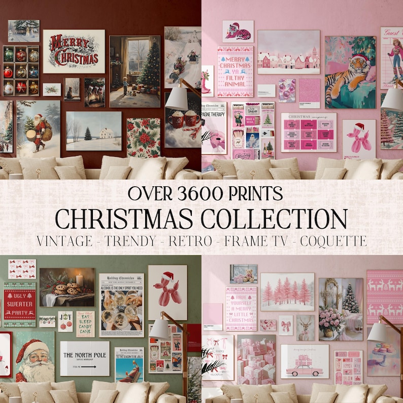 May include: A collage of Christmas-themed prints in a variety of styles, including vintage, trendy, and retro. The prints are arranged on two walls, one painted a deep red and the other a soft pink. The prints feature a variety of subjects, including Santa Claus, reindeer, snowmen, and Christmas trees. The text "OVER 3600 PRINTS CHRISTMAS COLLECTION VINTAGE - TRENDY - RETRO - FRAME TV - COQUETTE" is displayed in the center of the image.