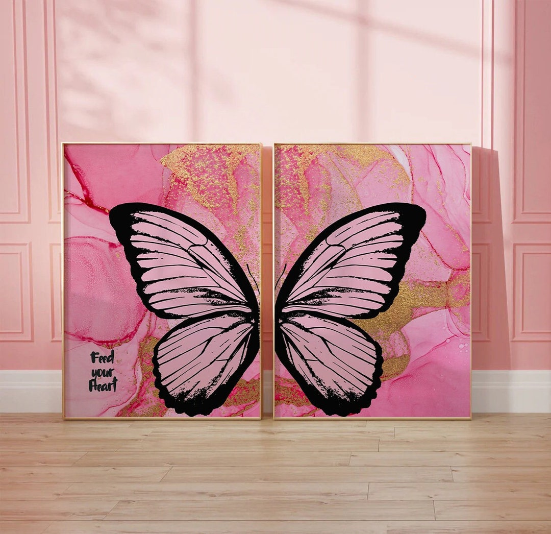 Hot Pink Split Butterfly Wall Art Set Preppy Y2k Room Decor Etsy