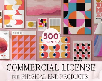 May include: A collection of 500 Bauhaus-inspired prints featuring geometric patterns in pink, orange, yellow, blue, and black. The prints are arranged on a pink wall and labeled "Bauhaus Collection".