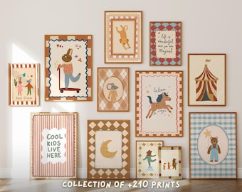 Vintage Nursery Bundle of +210 Prints, Hand-Drawn Animal, Neutral Baby Room Decor, Cottagecore Playroom Gallery, Cute Kids Wall Collection
