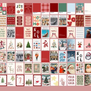 May include: A collage of 49 Christmas-themed images, including illustrations, patterns, and text. The images feature a variety of colors, including red, green, white, and gold. Some of the text includes "Merry Christmas", "Joy", "Eat Sleep Candy Cane", and "No&euml;l".