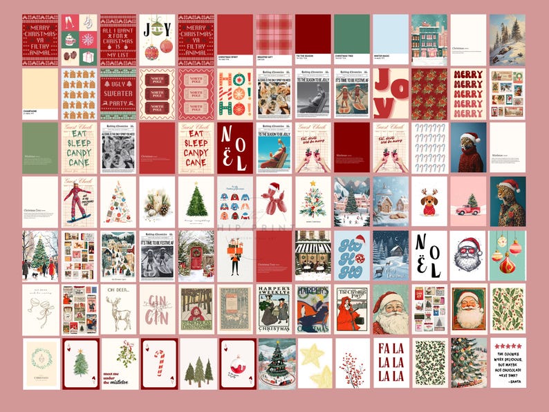 May include: A collage of 49 Christmas-themed images, including illustrations, patterns, and text. The images feature a variety of colors, including red, green, white, and gold. Some of the text includes "Merry Christmas", "Joy", "Eat Sleep Candy Cane", and "No&euml;l".