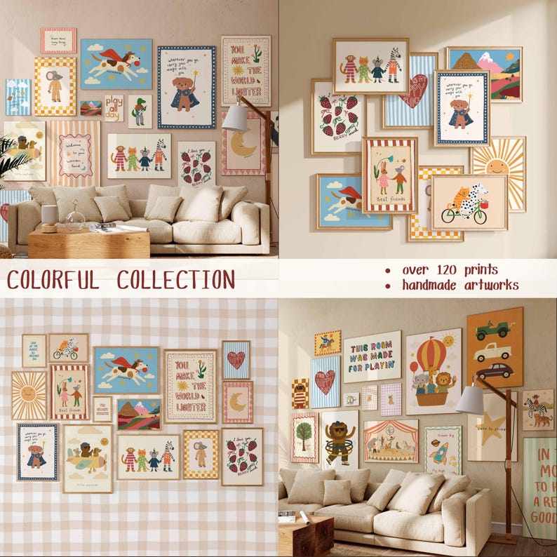 Puede incluir: Una colecci&oacute;n de impresiones art&iacute;sticas enmarcadas con ilustraciones caprichosas, que incluyen animales, corazones y citas inspiradoras. La obra de arte se exhibe en una pared sobre un sof&aacute;, con el texto "COLORFUL COLLECTION".