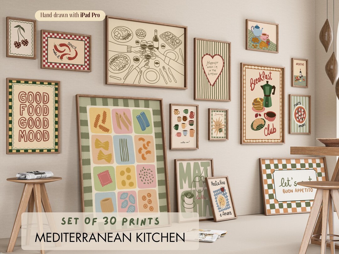 mega retro kitchen gallery wall art set of 90,... 30 Piece Mediterranean Kitchen Wall Art Set, Retro Food Prints (digital ...
