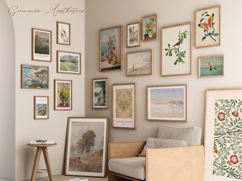 May include: A gallery wall featuring a selection of framed prints, showcasing landscapes, still lifes, and botanical illustrations. The prints are arranged symmetrically on a pale beige wall. The wall is decorated with a variety of framed prints, including landscapes, still lifes, and botanical illustrations. The prints are arranged in a symmetrical pattern on a pale beige wall.
