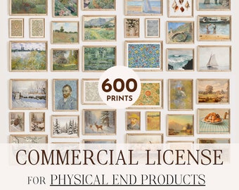 May include: A collage of 20 framed vintage art prints featuring various landscapes, still lifes, and portraits. The prints are arranged in a grid pattern and have a rustic, antique aesthetic. The text "600 PRINTS" and "COMMERCIAL LICENSE FOR PHYSICAL END PRODUCTS" is displayed below the images. The text "category: Vintage 4 Season" is displayed at the bottom of the image.
