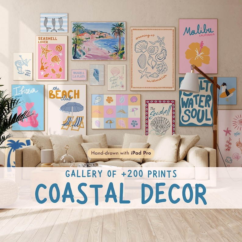 May include: A collection of coastal-themed illustrations, including seashells, palm trees, and beach scenes, displayed on a wall in a living room setting. The illustrations are hand-drawn and feature a variety of colors, including blue, green, pink, and yellow. The text "GALLERY OF +200 PRINTS COASTAL DECOR" is displayed at the bottom of the image.