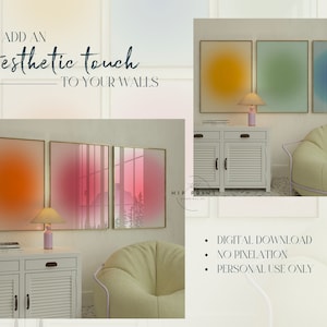May include: Three digital art prints with gradient colour backgrounds in orange, pink, and blue. The prints are framed in gold and displayed on a white wall in a living room setting. The text "ADD AN Aesthetic touch TO YOUR WALLS" is displayed at the top of the image.