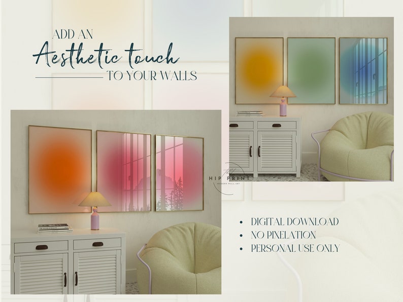 May include: Three digital art prints with gradient colour backgrounds in orange, pink, and blue. The prints are framed in gold and displayed on a white wall in a living room setting. The text "ADD AN Aesthetic touch TO YOUR WALLS" is displayed at the top of the image.