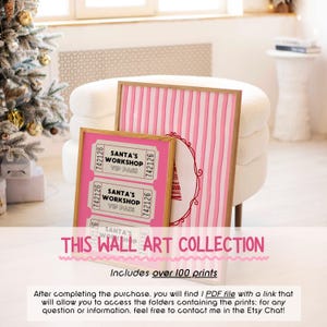 May include: Two framed wall art prints. One features pink and white vertical stripes, the other displays Santa's Workshop VIP passes. The text "THIS WALL ART COLLECTION" is at the bottom. The frames have a light brown wood finish.