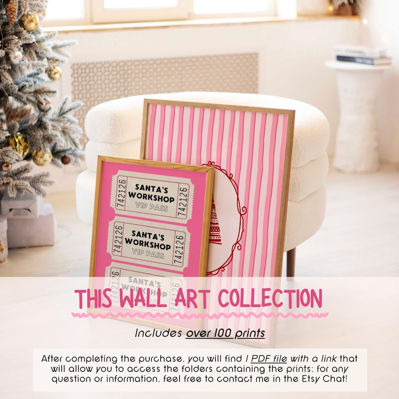 May include: Two framed wall art prints. One features pink and white vertical stripes, the other displays Santa's Workshop VIP passes. The text "THIS WALL ART COLLECTION" is at the bottom. The frames have a light brown wood finish.