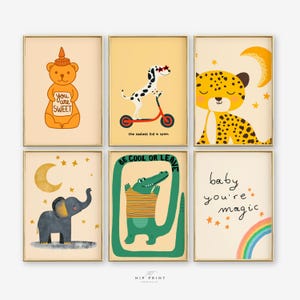 Nursery Gallery Wall Set of 6, Animal Prints for Kids Room, Playroom Wall Art Decor, Baby Room Poster Bundle, Cute Toddler Printables