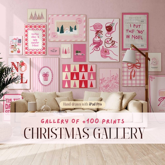 Pink Christmas Gallery Wall Art, 100+ Hand-Drawn Holiday Prints (Digital Download)