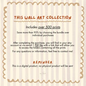 Puede incluir: Anuncio de una colecci&oacute;n de arte digital con el texto "THIS WALL ART COLLECTION" y "Includes over 500 prints." El texto es marr&oacute;n sobre un fondo beige con un borde decorativo. El recordatorio indica que es un producto digital.