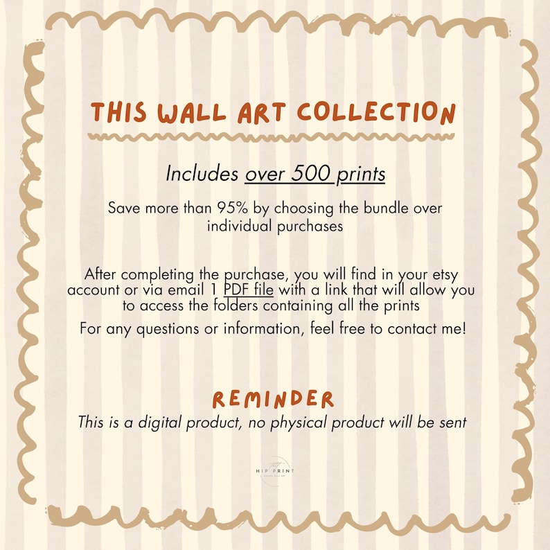 Puede incluir: Anuncio de una colecci&oacute;n de arte digital con el texto "THIS WALL ART COLLECTION" y "Includes over 500 prints." El texto es marr&oacute;n sobre un fondo beige con un borde decorativo. El recordatorio indica que es un producto digital.