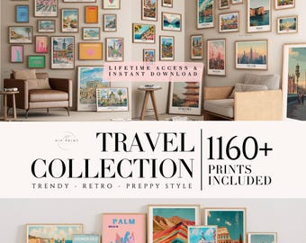 May include: A collection of 1160+ travel-themed prints in a trendy retro preppy style. The prints are displayed on a wall in a living room setting with two armchairs and a side table. The prints feature various destinations, including Honolulu, Palm Beach, USA, and Paris.