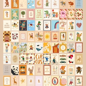 Puede incluir: Una colecci&oacute;n de coloridas l&aacute;minas art&iacute;sticas con ilustraciones caprichosas de animales, arco&iacute;ris y citas inspiradoras. Las l&aacute;minas est&aacute;n dispuestas en una cuadr&iacute;cula, con el texto "Preview of the Prints You Will Find in This Package."