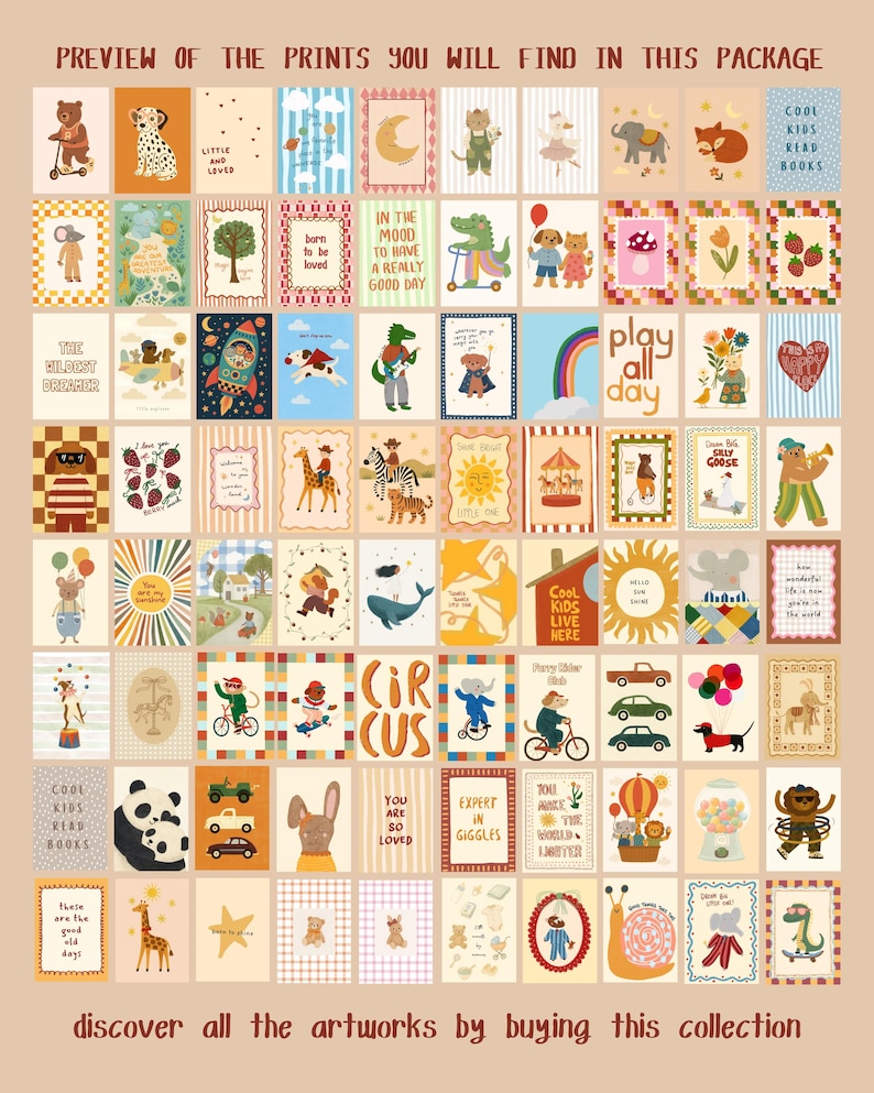 Puede incluir: Una colecci&oacute;n de coloridas l&aacute;minas art&iacute;sticas con ilustraciones caprichosas de animales, arco&iacute;ris y citas inspiradoras. Las l&aacute;minas est&aacute;n dispuestas en una cuadr&iacute;cula, con el texto "Preview of the Prints You Will Find in This Package."
