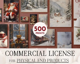 May include: A collage of vintage Christmas images, including a Santa Claus reading a book, a teddy bear sitting on a windowsill, a train traveling through a snowy landscape, and a cabin in the woods. The text "500 Prints" and "Commercial License for Physical End Products" is displayed on the image. The category is "Vintage Christmas".
