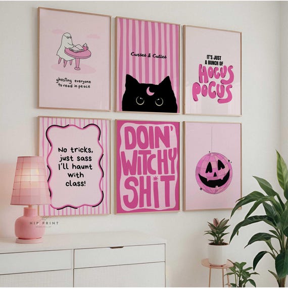 Pink Halloween Wall Art Set of 6, Preppy Spooky Quote Prints