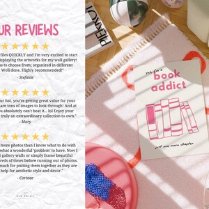 May include: A white card with the text "yes, I'm a book addict" and "just one more chapter" in pink, with a stack of pink books. The card is on a pink and white rug with other decorative items.