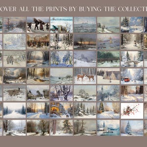 May include: A collection of 36 winter landscape paintings featuring snowy scenes with trees, rivers, bridges, and houses. The paintings are in a variety of styles, from realistic to impressionistic.