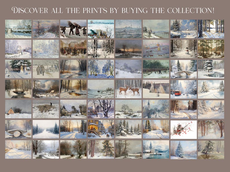 May include: A collection of 36 winter landscape paintings featuring snowy scenes with trees, rivers, bridges, and houses. The paintings are in a variety of styles, from realistic to impressionistic.