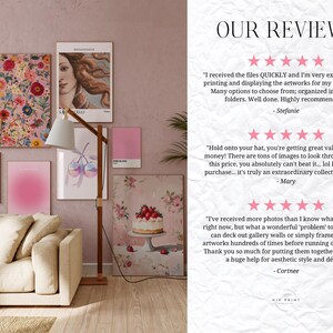 May include: A collection of digital art prints displayed on a wall in a living room. The prints feature a variety of floral and abstract designs in pink, white, and green hues. The room is decorated in a modern style with a white sofa and a floor lamp.