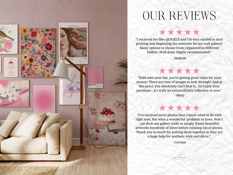 May include: A collection of digital art prints displayed on a wall in a living room. The prints feature a variety of floral and abstract designs in pink, white, and green hues. The room is decorated in a modern style with a white sofa and a floor lamp.