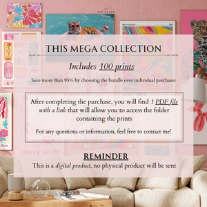 K&ouml;nnte beinhalten: Ein rosa Hintergrund mit einer Collage aus bunten Bildern und Text. Der Text lautet "This Mega Collection Includes 100 Prints". Der Text lautet auch "Save more than 95% by choosing the bundle over individual purchases". Der Text lautet auch "After completing the purchase, you will find 1 PDF file with a link that will allow you to access the folder containing the prints". Der Text lautet auch "For any questions or information, feel free to contact me!" Der Text lautet auch "Reminder This is a digital product, no physical product will be sent".