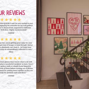 May include: A gallery wall featuring framed art prints with holiday themes. The prints include Christmas trees, winter scenes, and festive quotes. The staircase is decorated with garland and ornaments, creating a cozy, seasonal atmosphere.