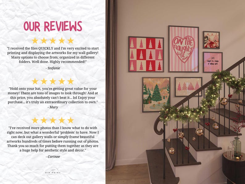 May include: A gallery wall featuring framed art prints with holiday themes. The prints include Christmas trees, winter scenes, and festive quotes. The staircase is decorated with garland and ornaments, creating a cozy, seasonal atmosphere.