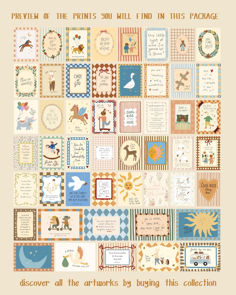 Puede incluir: Una colecci&oacute;n de grabados art&iacute;sticos ilustrados con varios dise&ntilde;os, incluyendo animales, citas inspiradoras y bordes decorativos. Los grabados presentan una paleta de colores suaves e ilustraciones caprichosas. El texto en la imagen dice "PREVIEW OF THE PRINTS YOU WILL FIND IN THIS PACKAGE".