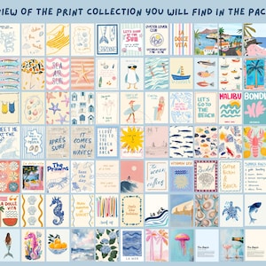 May include: A collection of 36 colorful illustrations featuring beach and ocean themes. The illustrations include seashells, starfish, palm trees, ocean waves, and various beach-related text. The illustrations are arranged in a grid pattern on a light blue background.