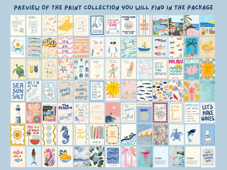 May include: A collection of 36 colorful illustrations featuring beach and ocean themes. The illustrations include seashells, starfish, palm trees, ocean waves, and various beach-related text. The illustrations are arranged in a grid pattern on a light blue background.
