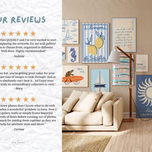 May include: A collage of colorful, illustrated prints featuring lemons, seahorses, sailboats, and a sun. The prints are displayed on a wall above a beige couch with a wooden floor.
