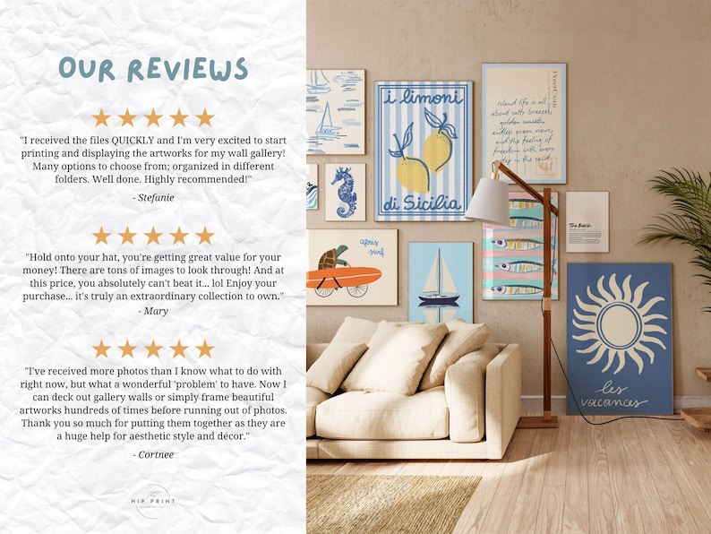 May include: A collage of colorful, illustrated prints featuring lemons, seahorses, sailboats, and a sun. The prints are displayed on a wall above a beige couch with a wooden floor.