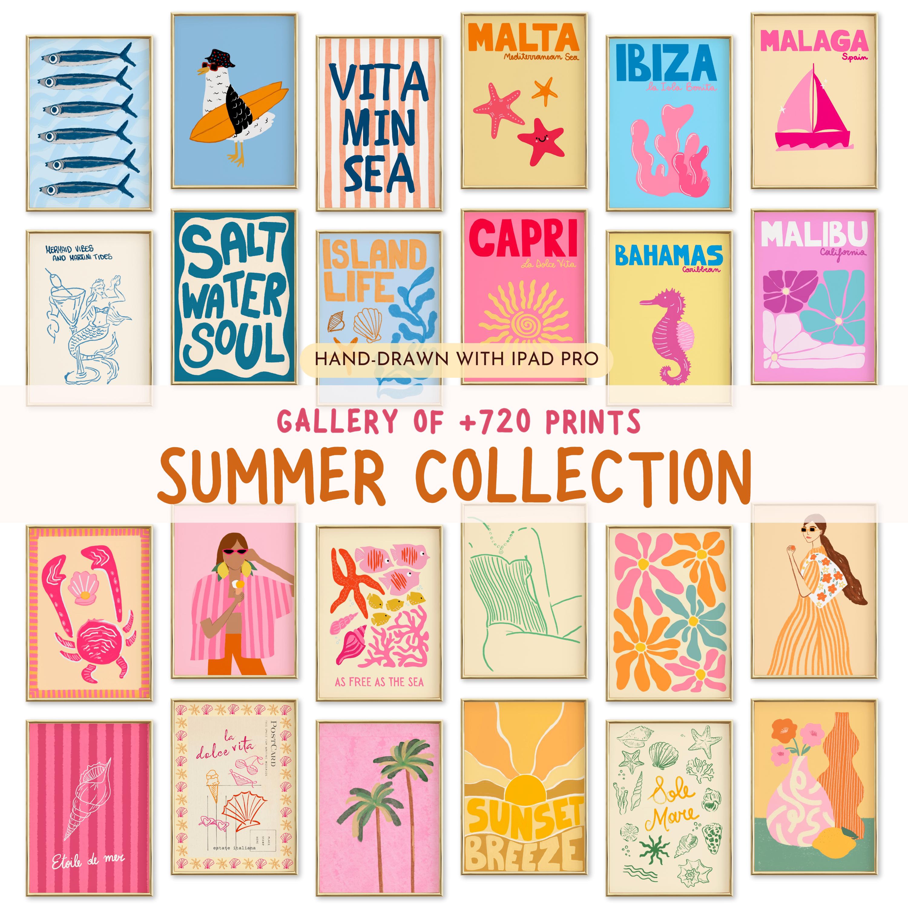 Preppy Summer Wall Art Bundle of 720, Digital Prints Set ,Beach House, Trendy Pink Aesthetic Decor, Retro Tropical Gallery, Coastal Vibes