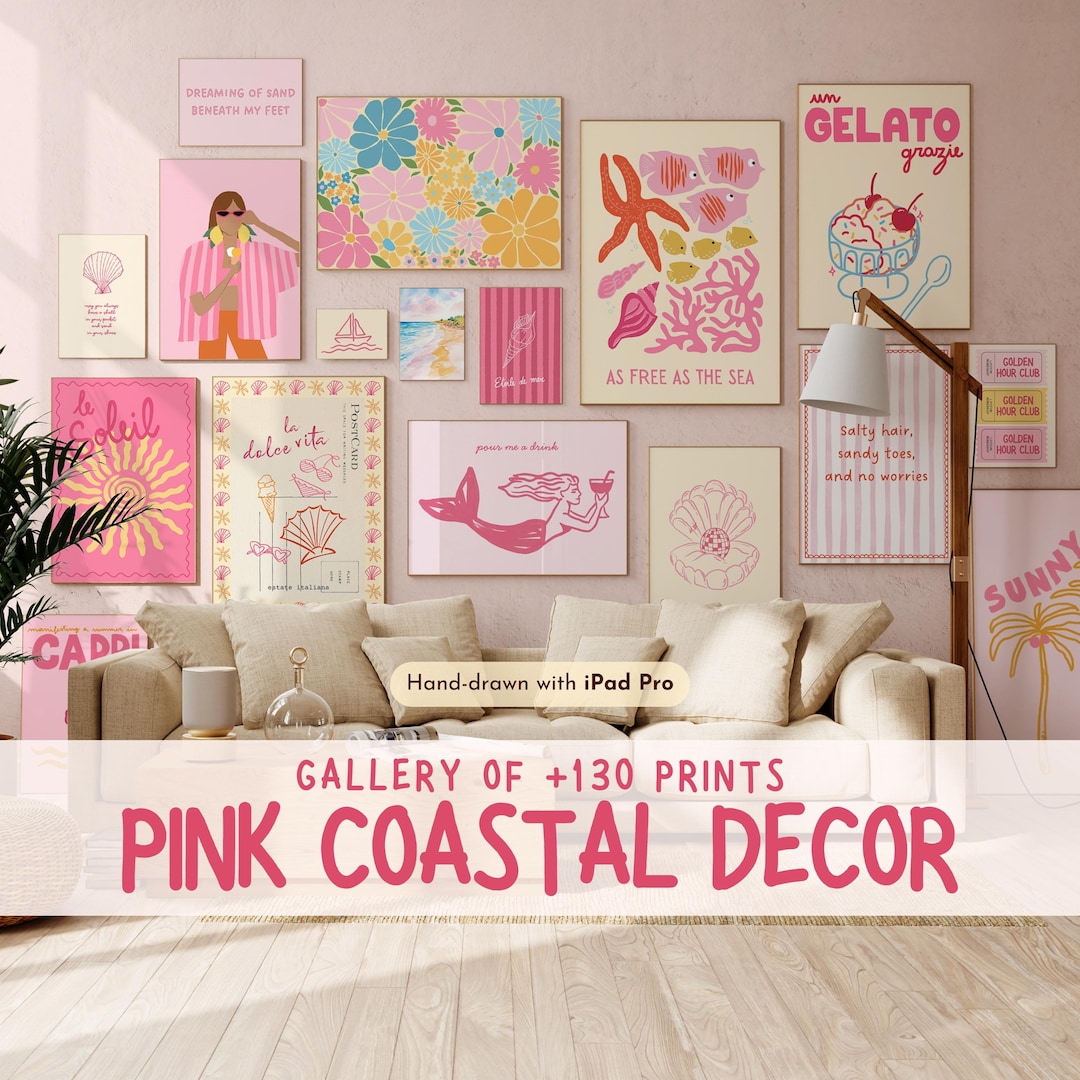 Pink Coastal Wall Art of 130, Summer Beach Prints in Pastel Colors — free download