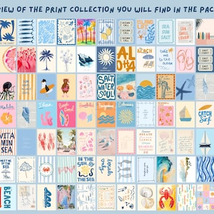May include: A collection of 36 colorful printable art prints with beach and ocean themes. The prints feature illustrations of seashells, palm trees, starfish, and ocean waves. The prints also include text such as "Salt Water Soul", "Island Life", and "Catch Surf".