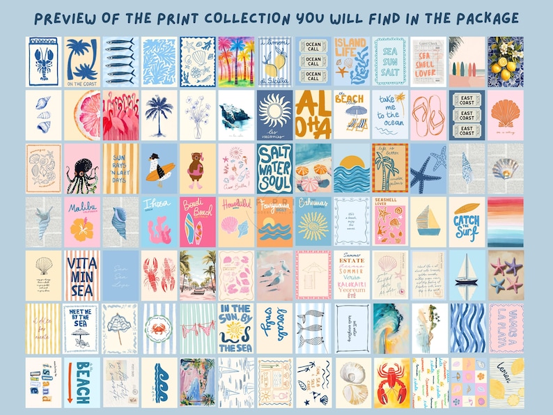 May include: A collection of 36 colorful printable art prints with beach and ocean themes. The prints feature illustrations of seashells, palm trees, starfish, and ocean waves. The prints also include text such as "Salt Water Soul", "Island Life", and "Catch Surf".