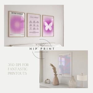 Pode incluir: Tr&ecirc;s impress&otilde;es emolduradas com um design de degrad&ecirc; rosa e roxo. As impress&otilde;es apresentam o texto "Divine Energy", "Angel Numbers" e uma borboleta. As impress&otilde;es est&atilde;o penduradas em uma parede branca acima de uma cama com uma cabeceira branca. O texto "HIP PRINT MODERN WALL ART" &eacute; vis&iacute;vel abaixo das impress&otilde;es. Uma quarta impress&atilde;o com um design de degrad&ecirc; arco-&iacute;ris e o texto "LOVE" &eacute; vis&iacute;vel em uma mesa com um vaso e uma l&acirc;mpada.