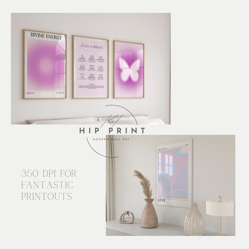 Pode incluir: Tr&ecirc;s impress&otilde;es emolduradas com um design de degrad&ecirc; rosa e roxo. As impress&otilde;es apresentam o texto "Divine Energy", "Angel Numbers" e uma borboleta. As impress&otilde;es est&atilde;o penduradas em uma parede branca acima de uma cama com uma cabeceira branca. O texto "HIP PRINT MODERN WALL ART" &eacute; vis&iacute;vel abaixo das impress&otilde;es. Uma quarta impress&atilde;o com um design de degrad&ecirc; arco-&iacute;ris e o texto "LOVE" &eacute; vis&iacute;vel em uma mesa com um vaso e uma l&acirc;mpada.