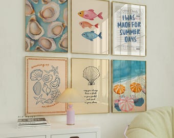Beach Wall Art Set of 6, Summer Coastal Print, Seashell Fish Oyster Poster, Colorful Ocean Decor, Vacation Aesthetic, Digital Download