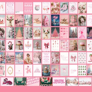 May include: A pink collage of Christmas-themed images. The images include a variety of holiday decorations, such as ornaments, wreaths, and trees. There are also images of Santa Claus, reindeer, and other festive characters. The collage is a fun and festive way to celebrate the holiday season.