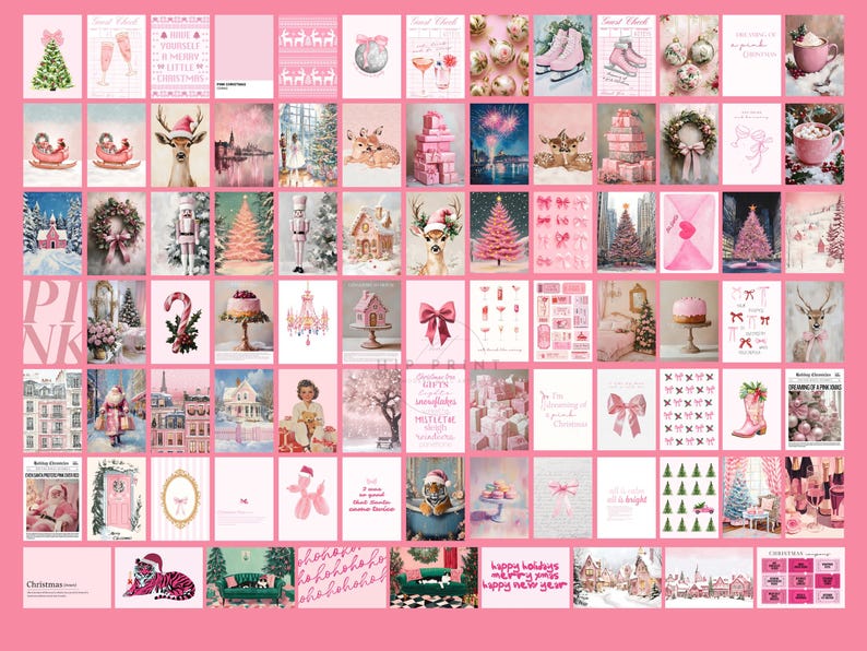 May include: A pink collage of Christmas-themed images. The images include a variety of holiday decorations, such as ornaments, wreaths, and trees. There are also images of Santa Claus, reindeer, and other festive characters. The collage is a fun and festive way to celebrate the holiday season.