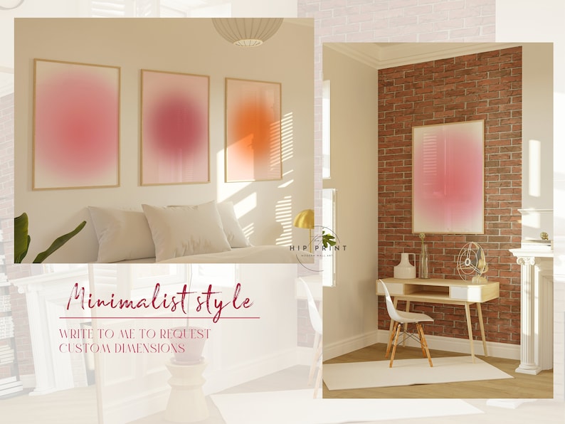 May include: Three abstract art prints featuring a gradient of pink and orange colours. The prints are framed in a simple, modern style and are displayed on a white wall in a bedroom setting. The text "Minimalist style" and "Write to me to request custom dimensions" is visible in the image.