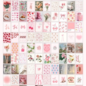 May include: A digital collage sheet with 64 pink and white squares featuring various images, including hearts, bows, cherries, flowers, and text. The text includes "Amore", "Baby", and "Soft Pink".
