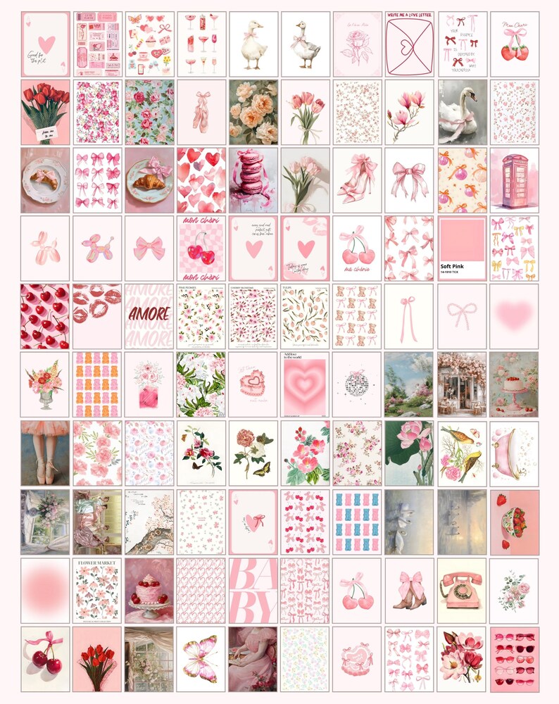 May include: A digital collage sheet with 64 pink and white squares featuring various images, including hearts, bows, cherries, flowers, and text. The text includes "Amore", "Baby", and "Soft Pink".