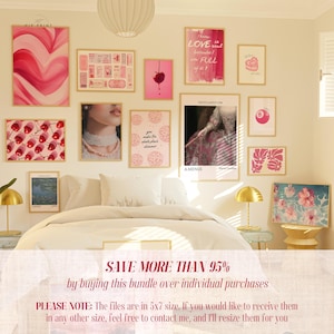 May include: A collage of 10 digital prints in a bedroom setting. The prints feature various designs, including abstract shapes, cherries, a woman's portrait, a quote about love, and a painting of a woman in a dress. The prints are arranged on a white wall above a white bed with a white duvet and two pillows. The bed is next to a gold lamp on a glass table. The text on the prints reads "I know LOVE is real because I am FULL of it", "you make the whole place shimmer", and "NEOCLASSICISM".